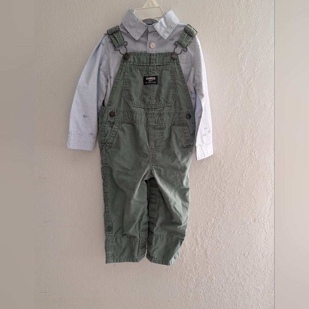 OshKosh B'gosh Olive Overalls with Light Blue Shirt